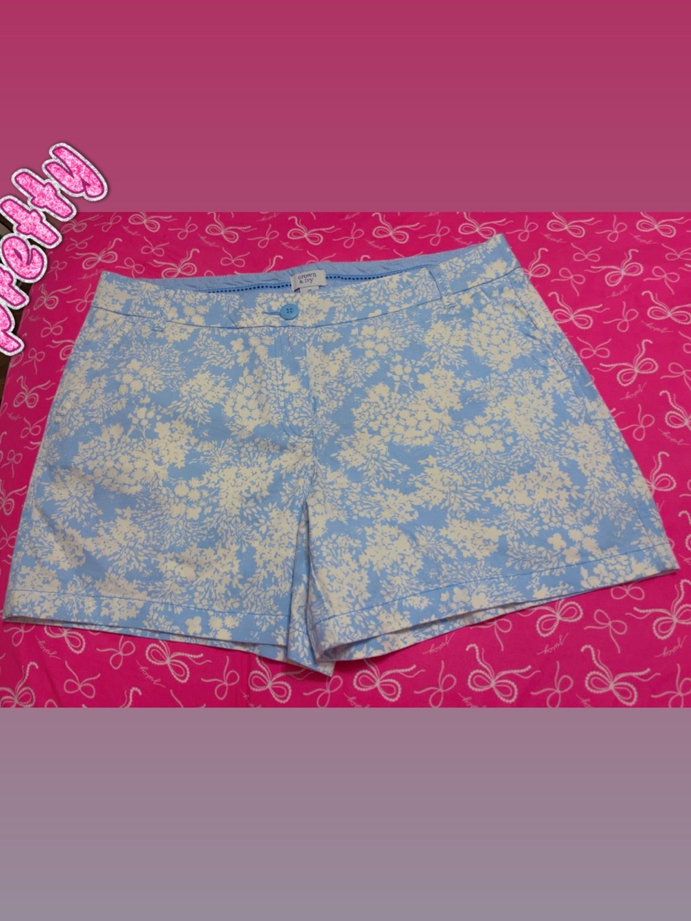 crown & ivy Light Blue and White Floral Bermudas